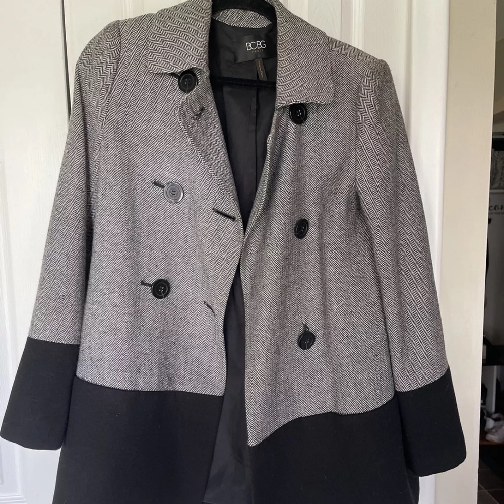 BCBG Womens Double Breasted Pea Coat - Black and Herringbone - Small